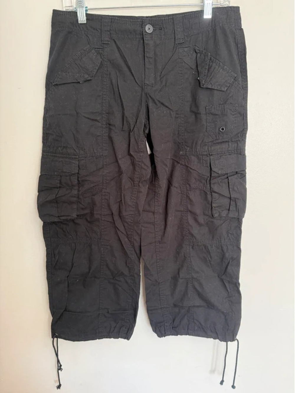 Norma Kamali Vintage Y2K Black Cotton Cargo Capri Pants Drawstring Size 4